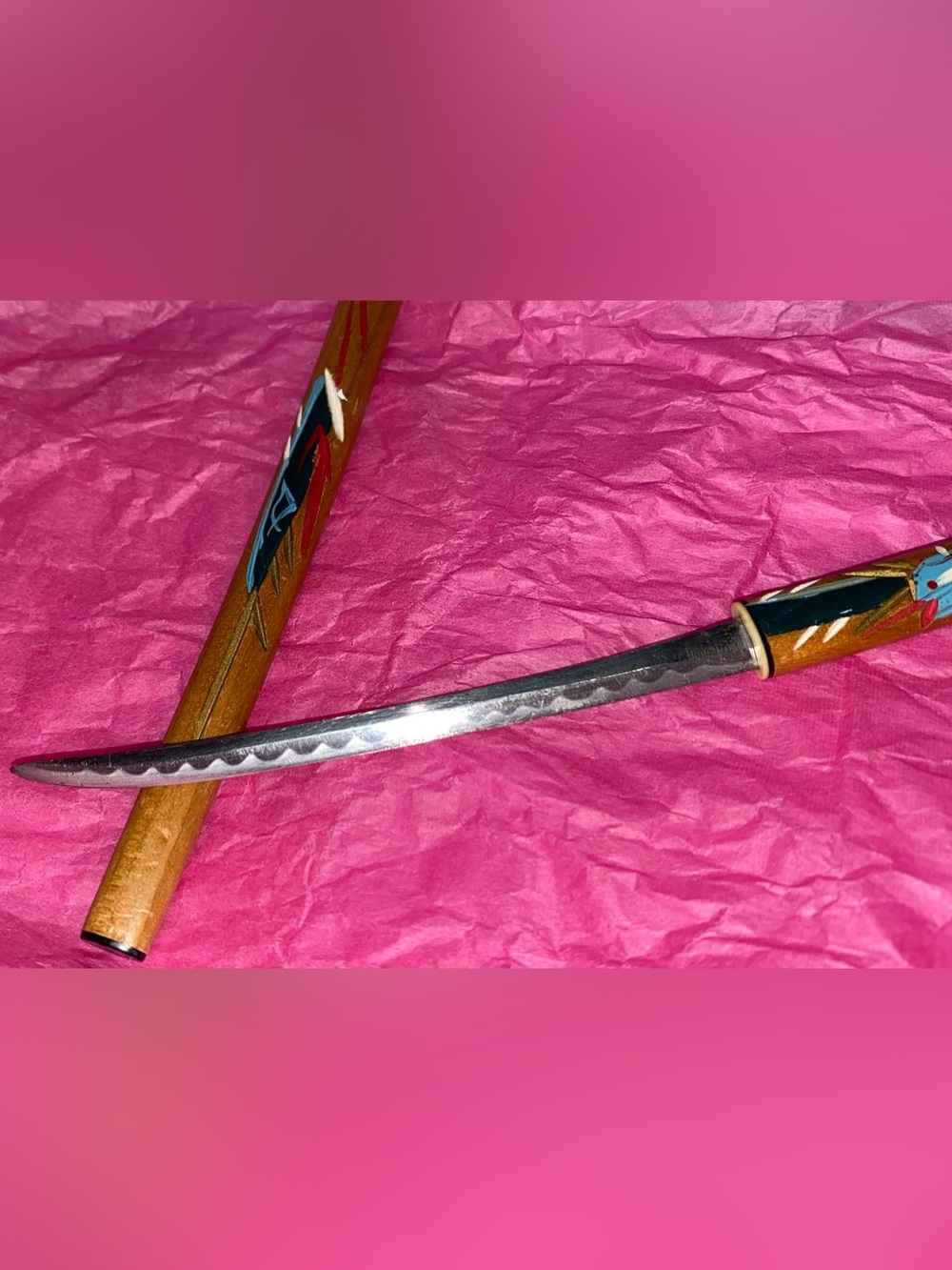 Vintage Japanese Letter Opener Dagger Knife Wood Handle Painted Design Sheath